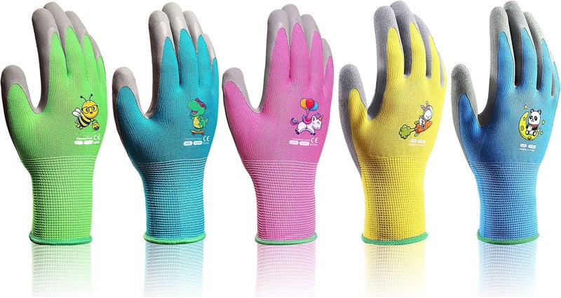 KDK 5 Pairs Kids Gardening Gloves Yard Work Gloves Children Soft Safety Rubber Coated Gloves for Toddlers Youth Girls Boys Children (6-8yr M) - Image 1